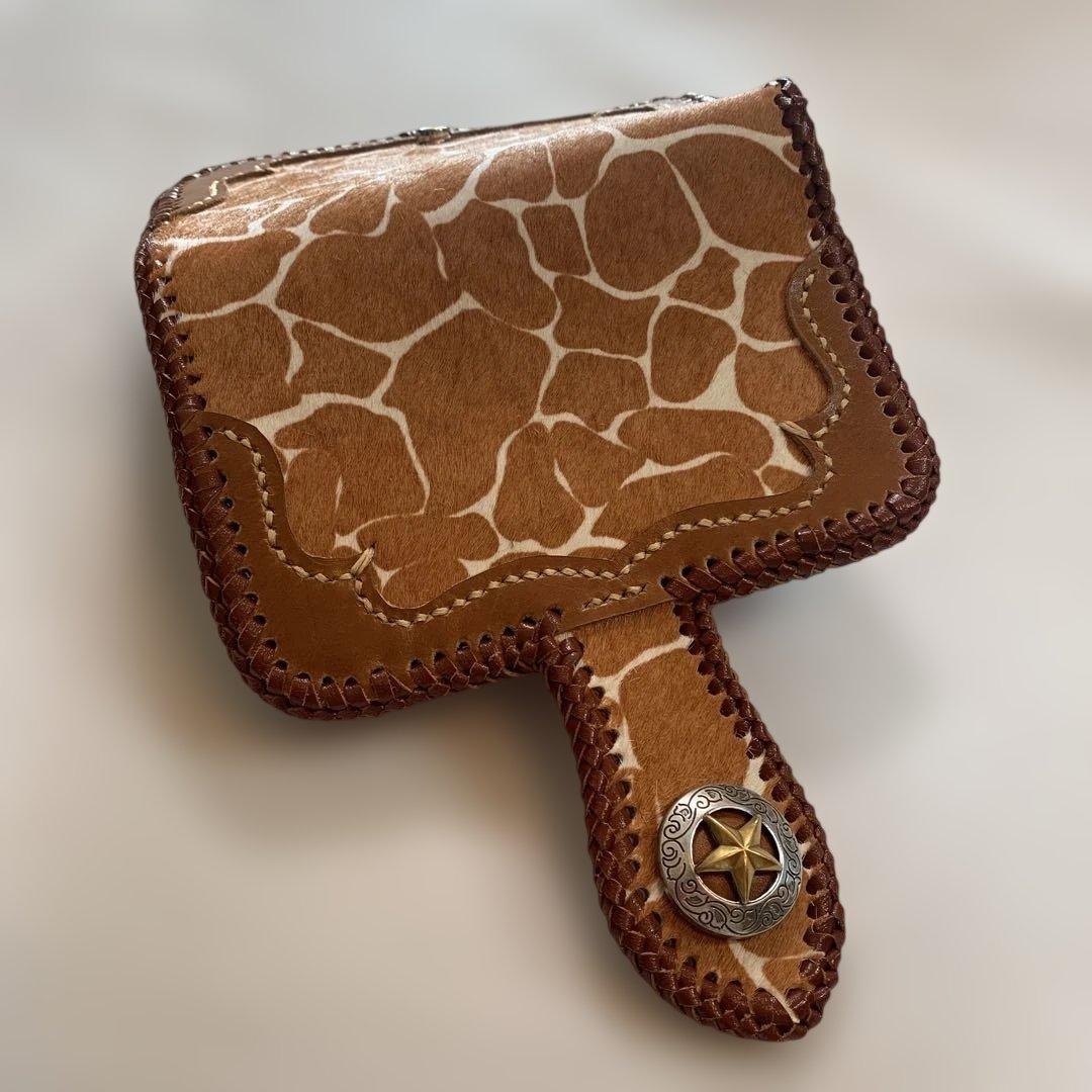ハンドメイドレザークラフトキリン柄ハラコ牛革茶色ミドルウォレット牛レース編み茶色