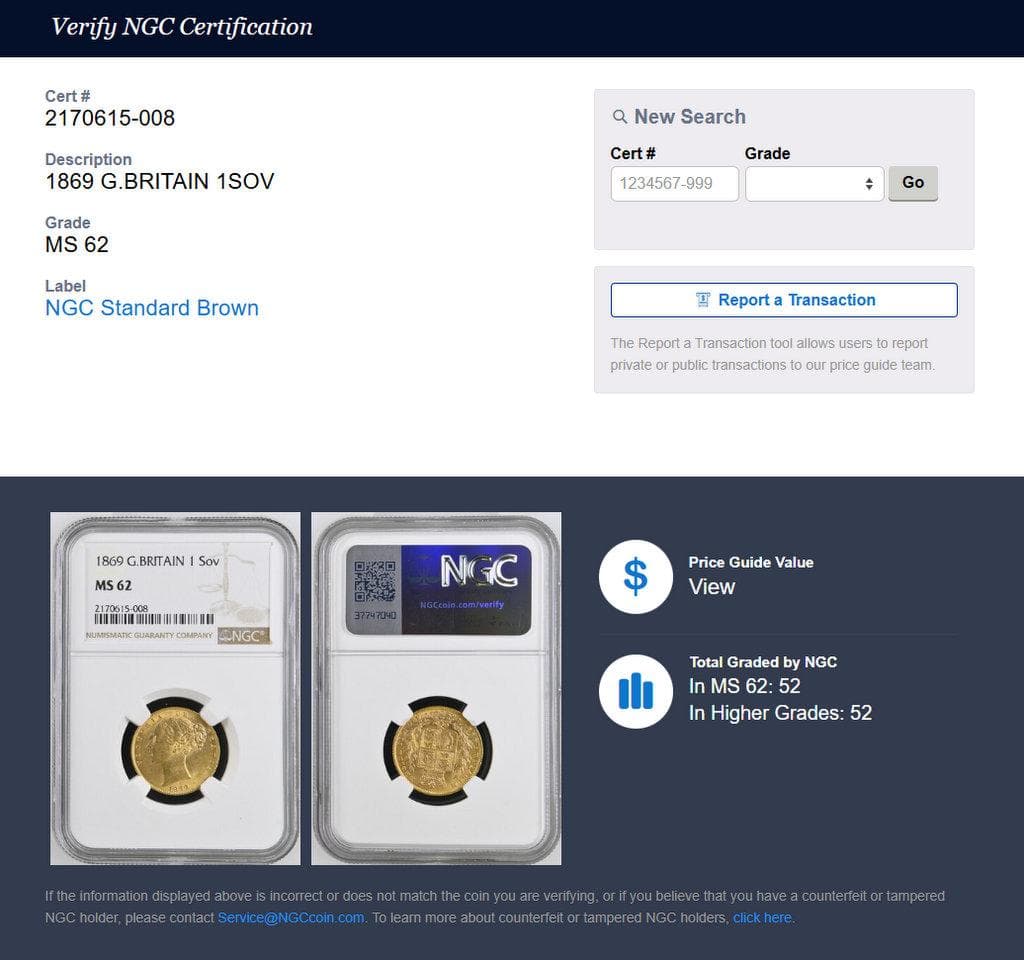 1869年 イギリス ビクトリア ソブリン金貨 NGC MS62