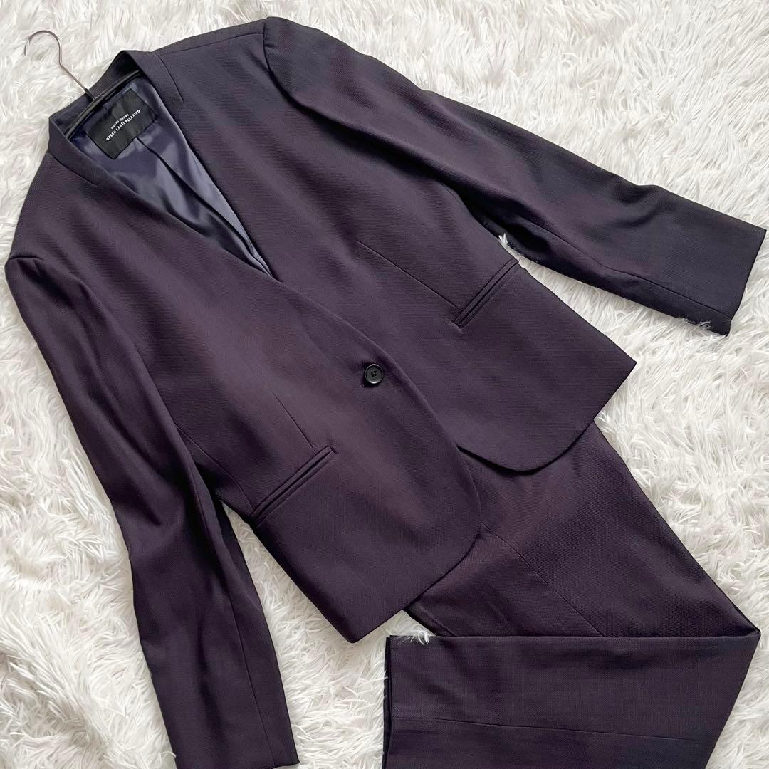 【未使用級】　グリーンレーベルリラクシング　パンツスーツ　ノーカラー　ネイビー