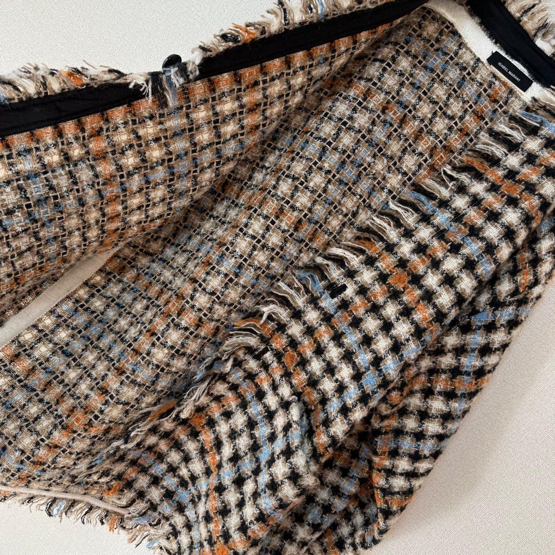 美品 イザベルマラン ミックスツイード ノーカラーコーディガン フリンジ