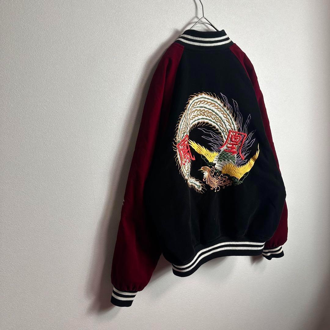 【希少】スカジャン　ベロア　別珍　袖刺繍　鳳凰　バイカラー　ブラック　レッド　L