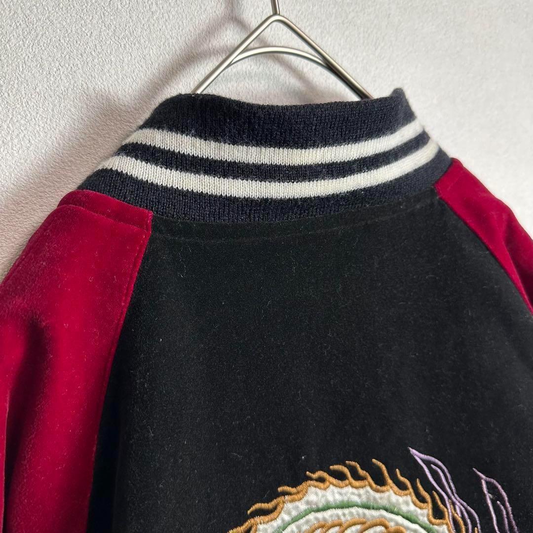 【希少】スカジャン　ベロア　別珍　袖刺繍　鳳凰　バイカラー　ブラック　レッド　L