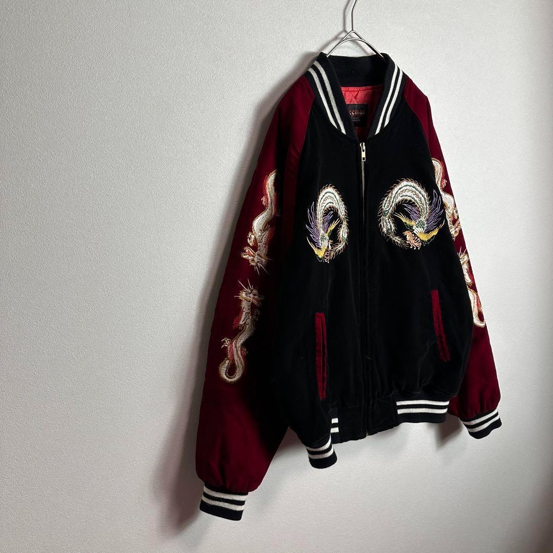 【希少】スカジャン　ベロア　別珍　袖刺繍　鳳凰　バイカラー　ブラック　レッド　L