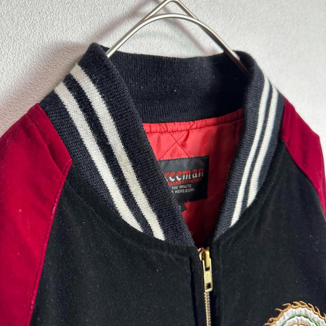 【希少】スカジャン　ベロア　別珍　袖刺繍　鳳凰　バイカラー　ブラック　レッド　L