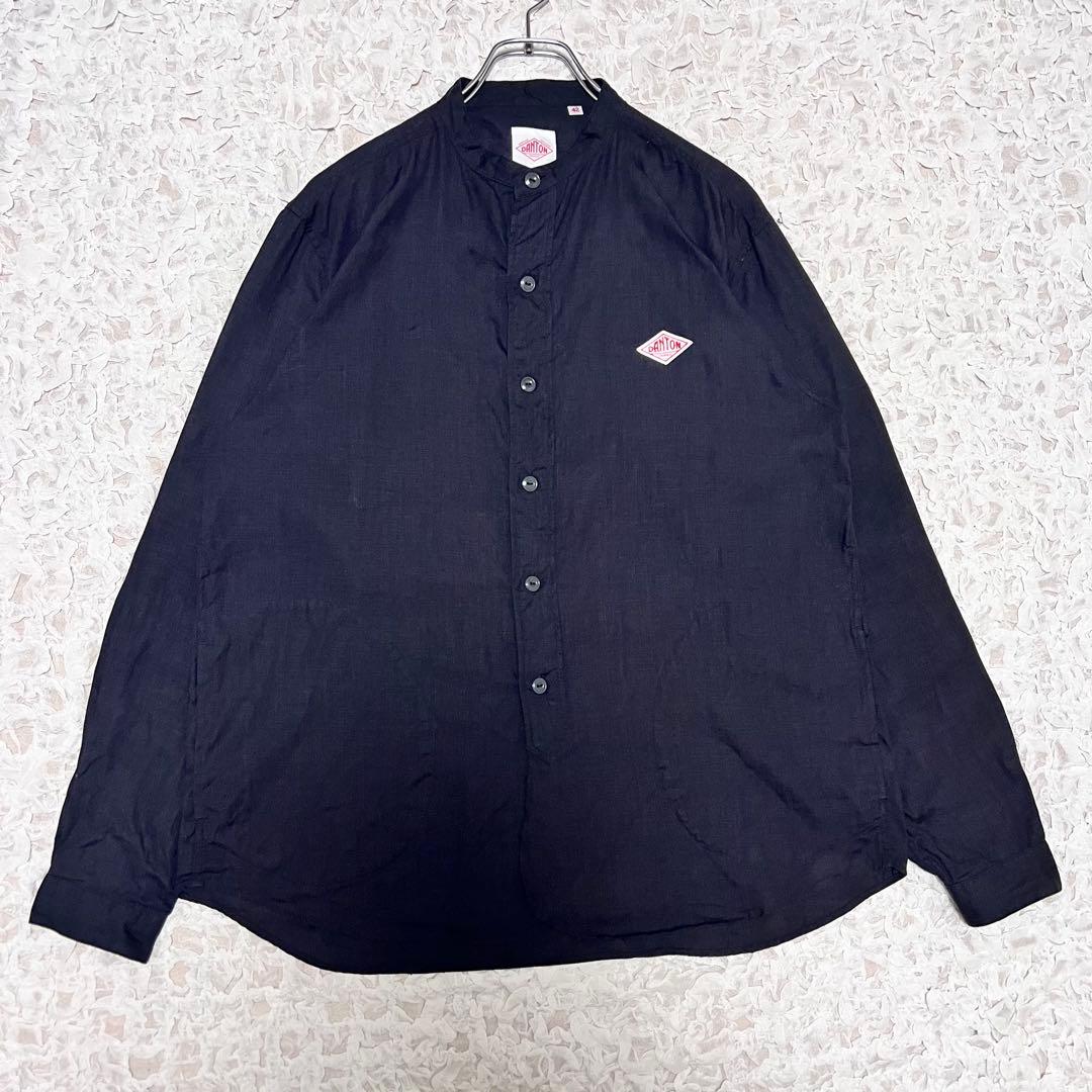 『希少サイズ』　DANTON バンドカラーシャツ　リネン100% 黒　【XL】