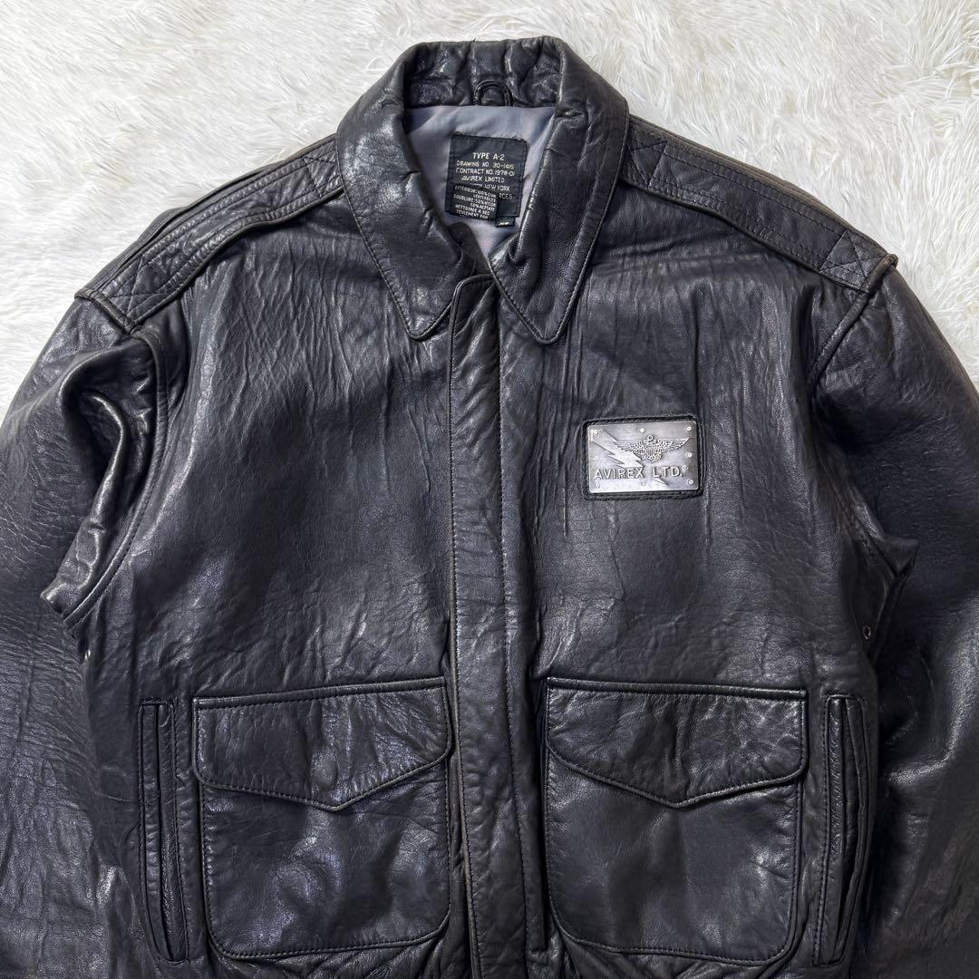 AVIREX A-2 ブラックレザー フライトジャケット メタルプレート 短丈