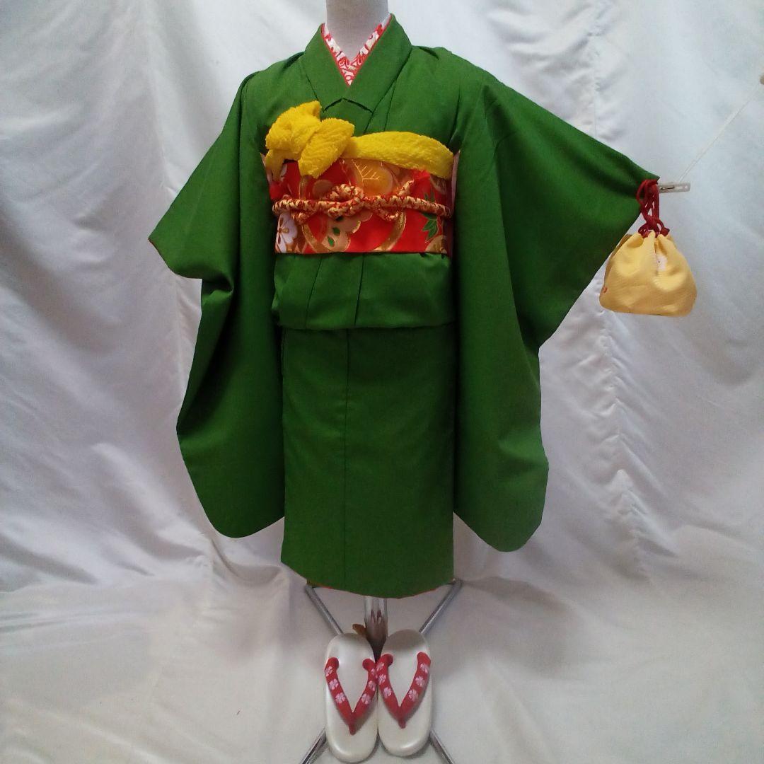 七五三　グリーン　三歳五歳袴　加賀紋　長襦袢　作り帯　巾着袋