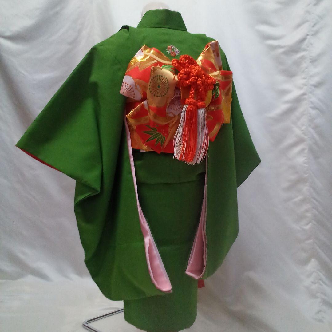 七五三　グリーン　三歳五歳袴　加賀紋　長襦袢　作り帯　巾着袋