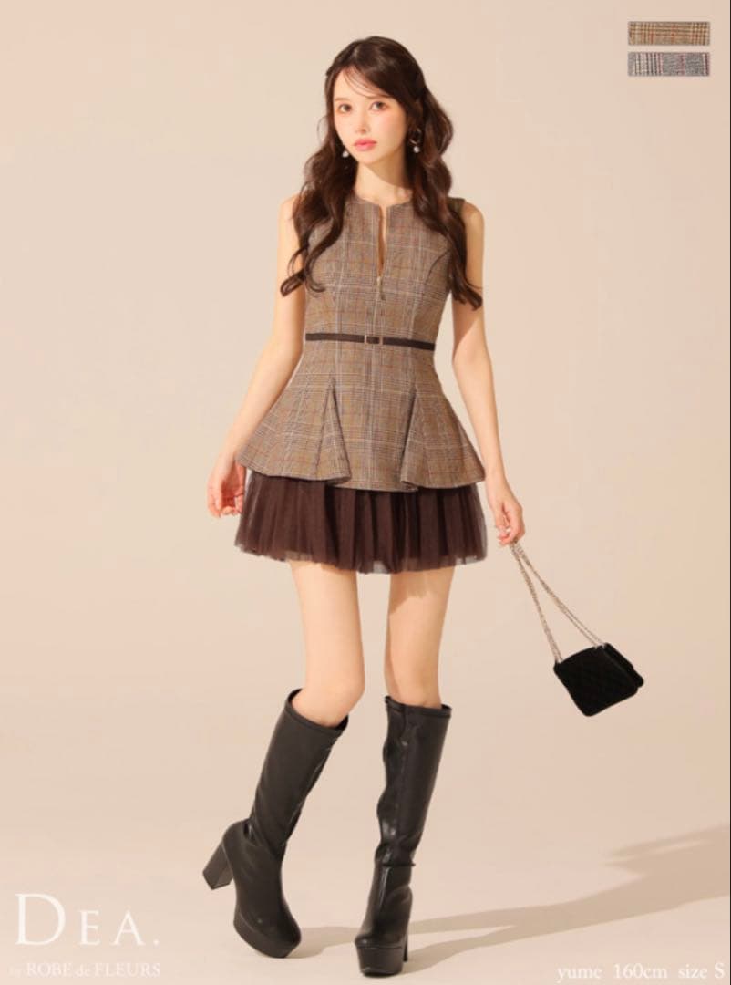 チェックノースリーブベルトデザインチュールミニキャバドレス(DE3477)