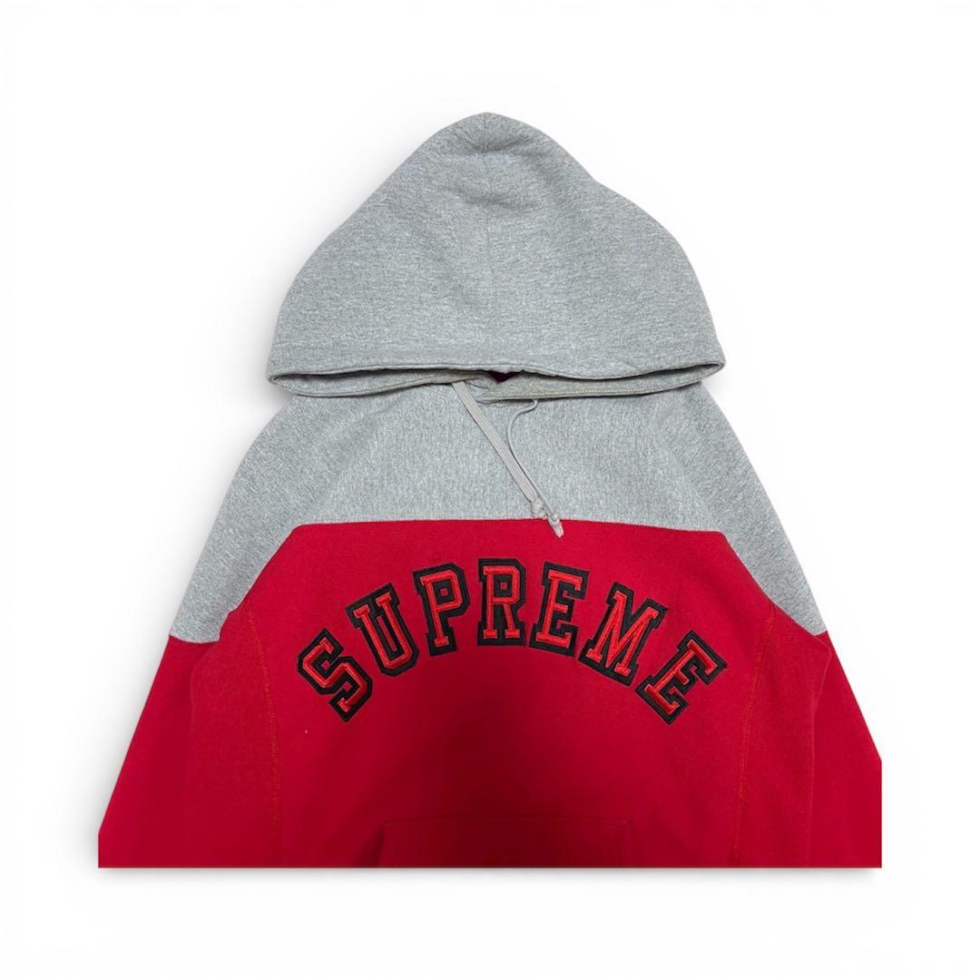 SUPREME パーカー レッド/グレー　バイカラー　裏起毛　アーチロゴ
