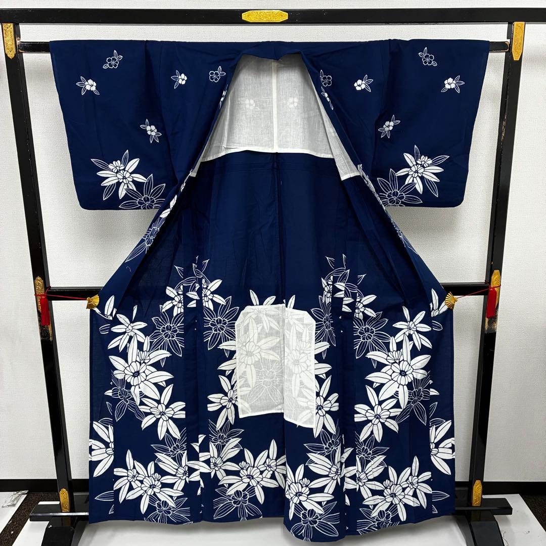 アアンドユページ　浴衣 木綿 藍染め 注染 花 着物 U-7365