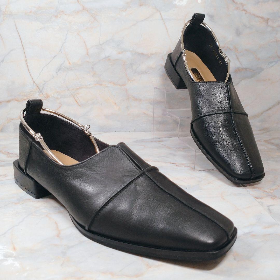 GRISE 日本製 レザースクエアクロスシームアンクルフラット 23 黒