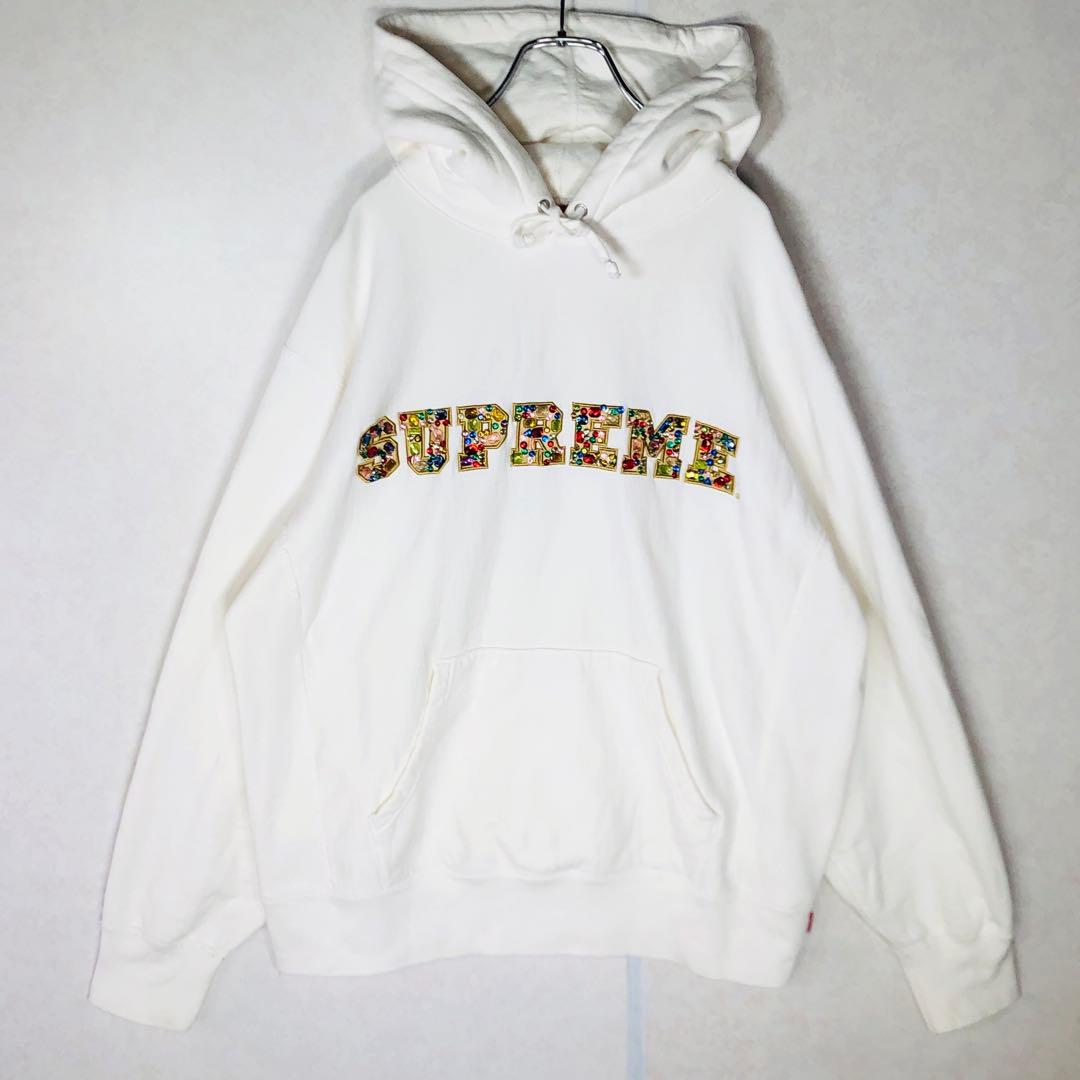 【希少デザイン】シュプリーム センターロゴ ストーンロゴ パーカー 白 Sサイズ