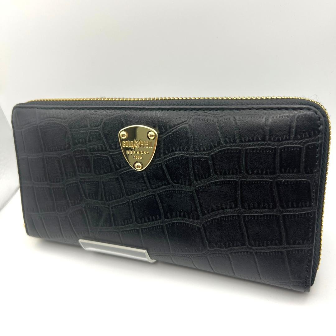 未使用ゴールドファイル☆ジッピーロングウォレット 長財布 型押しレザー 本革 黒