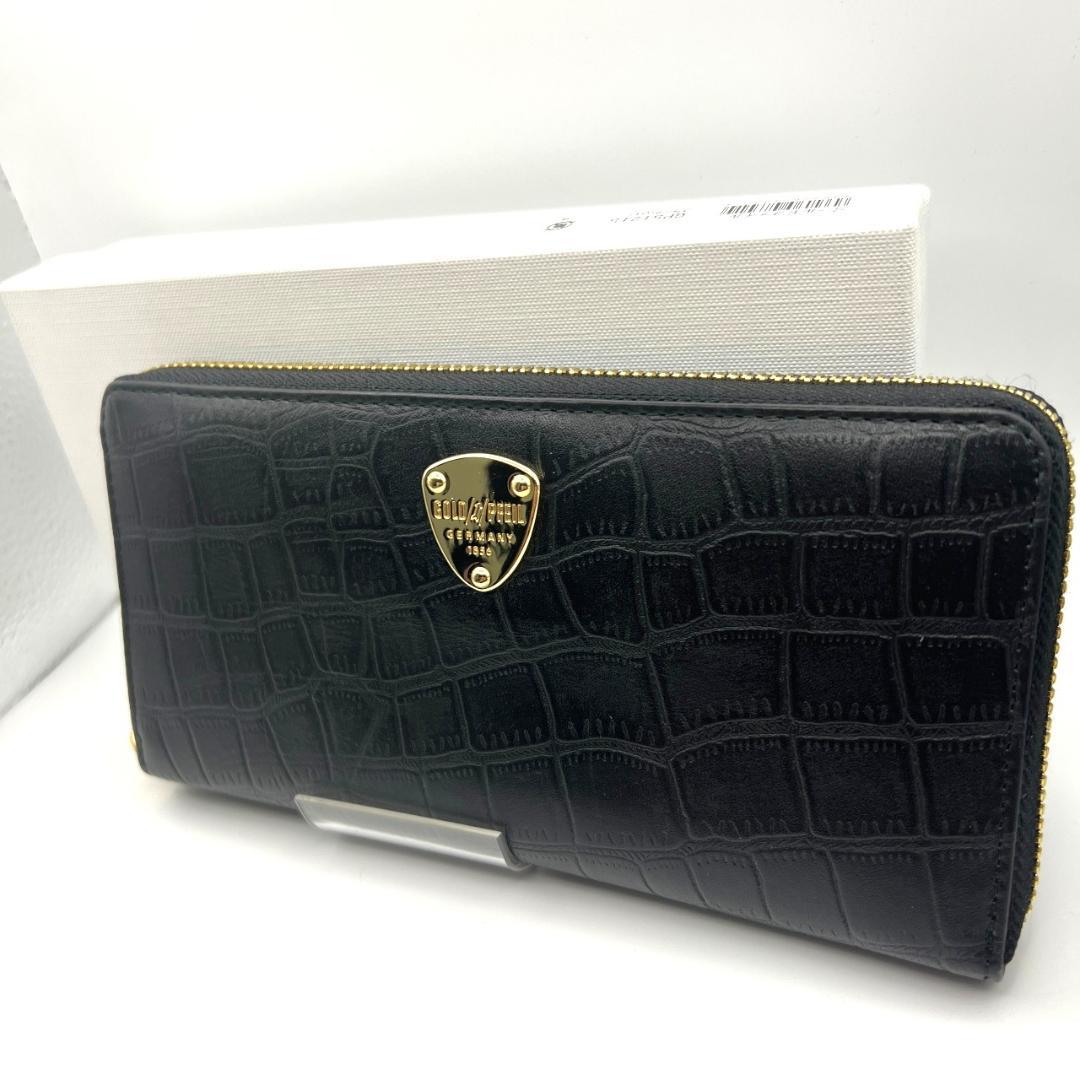 未使用ゴールドファイル☆ジッピーロングウォレット 長財布 型押しレザー 本革 黒