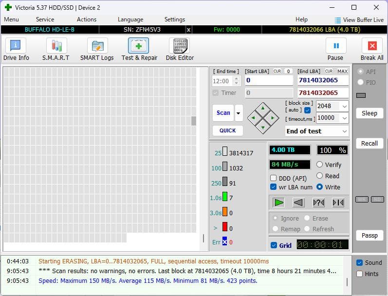 外付けUSB HDD 4TB HD-LE4U3-WB（フルスキャン済）