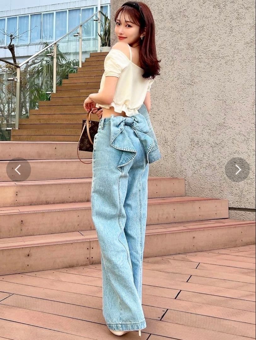 【新品】リボン付きハイウエストストレートデニム