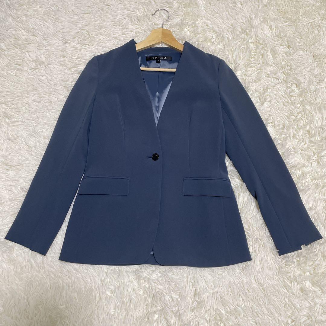 美品36 日本製【INDIVI トリアセテート混 ストレッチノーカラースーツ】