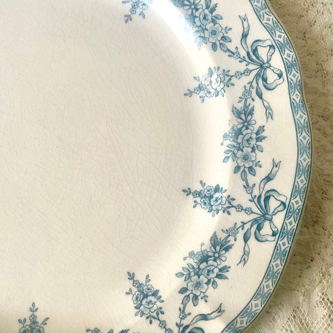 エミールブルジョワ窯ブルーリボンのガーランドプレート　平皿　フランスアンティーク