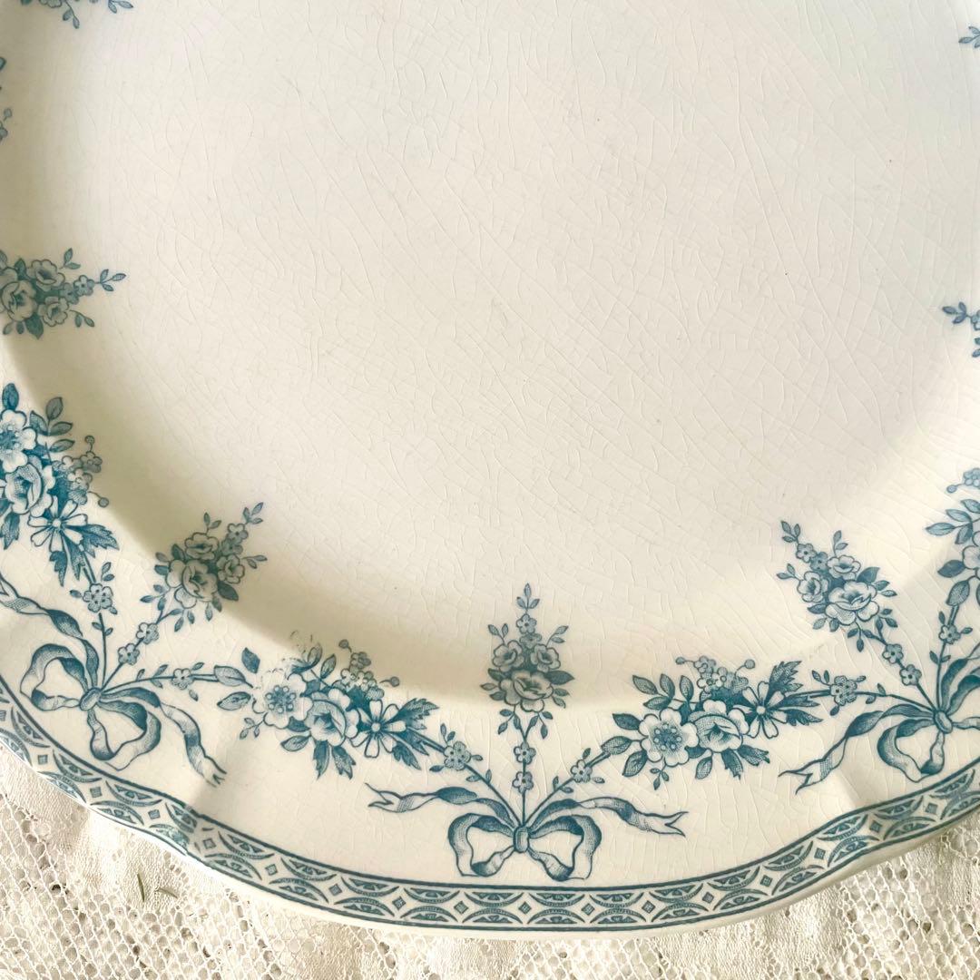 エミールブルジョワ窯ブルーリボンのガーランドプレート　平皿　フランスアンティーク