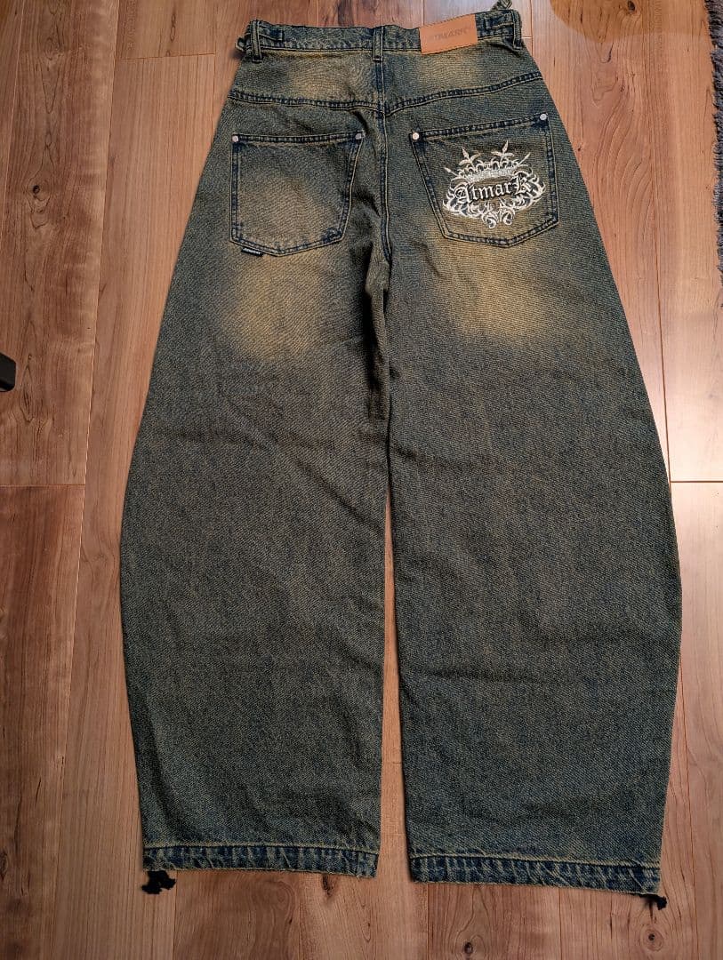 UNISEX ATMARKトライバルクラウン ロゴバギーデニム セットアップ可能