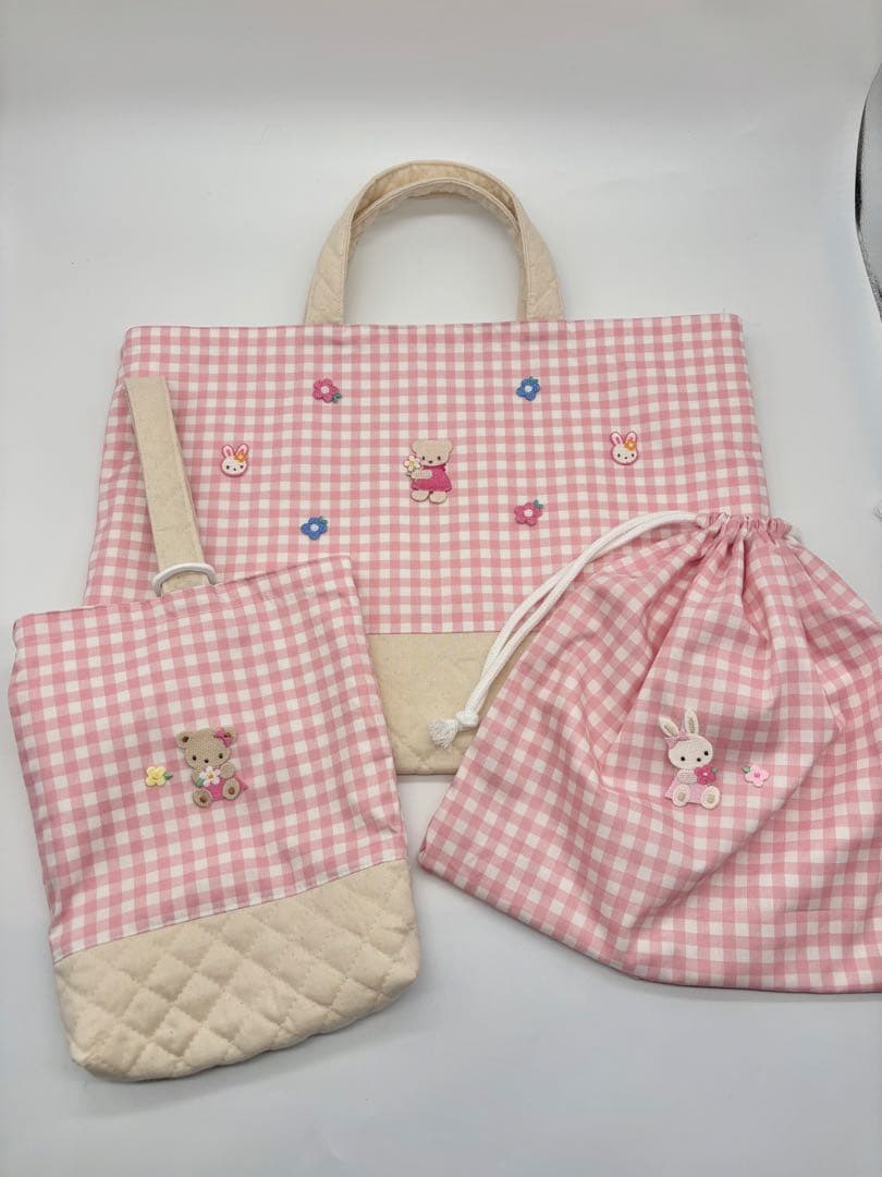 ピンク チェック 入園 レッスンバッグ 3点セット ハンドメイド ファミリア