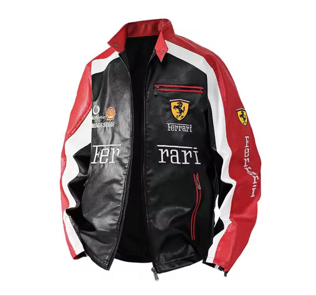FERRARI 刺繍ロゴ入りデザイン　レザージャケット　Lサイズ