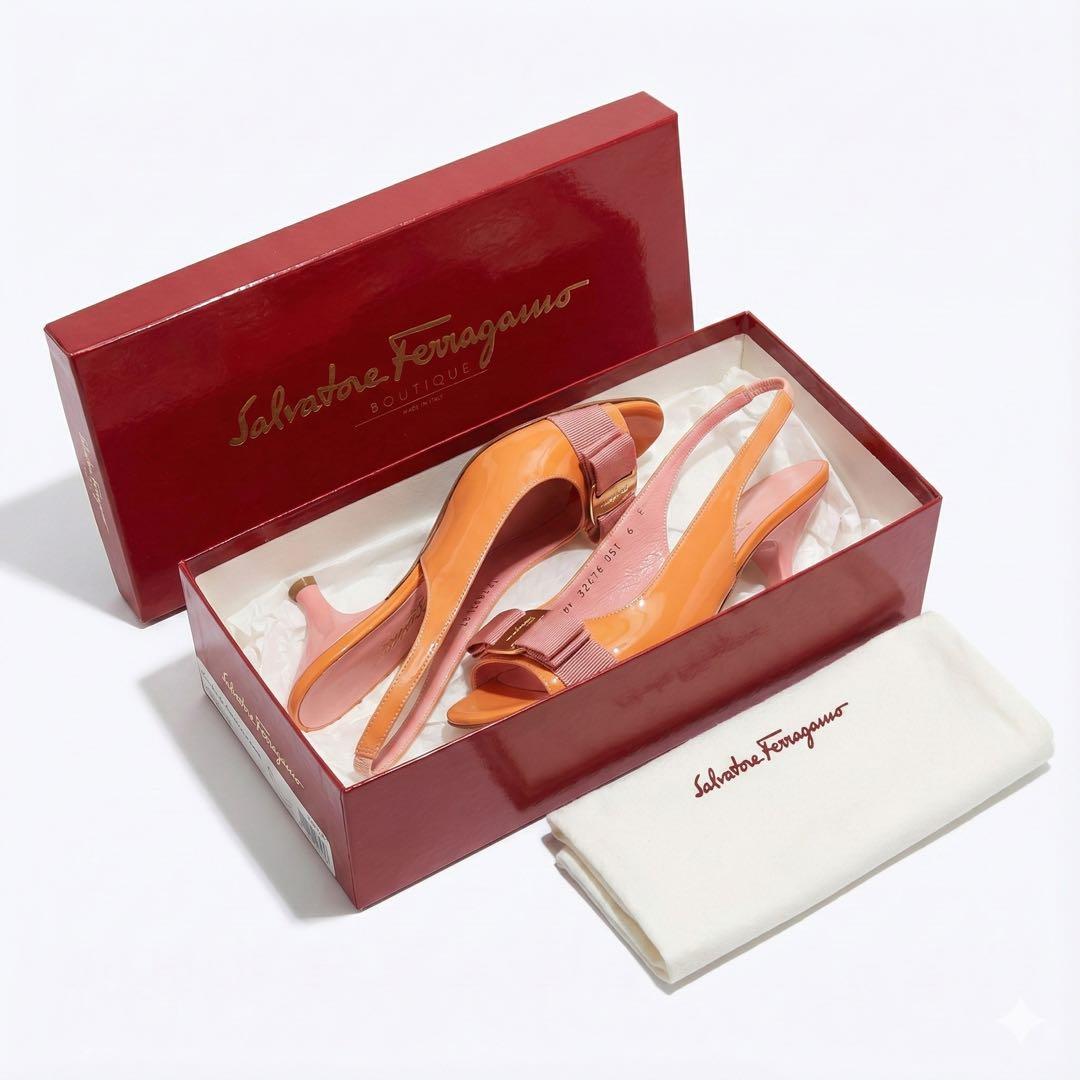 【箱・保存袋付】フェラガモ ヴァラ エナメル サンダル オレンジ ピンク 6C