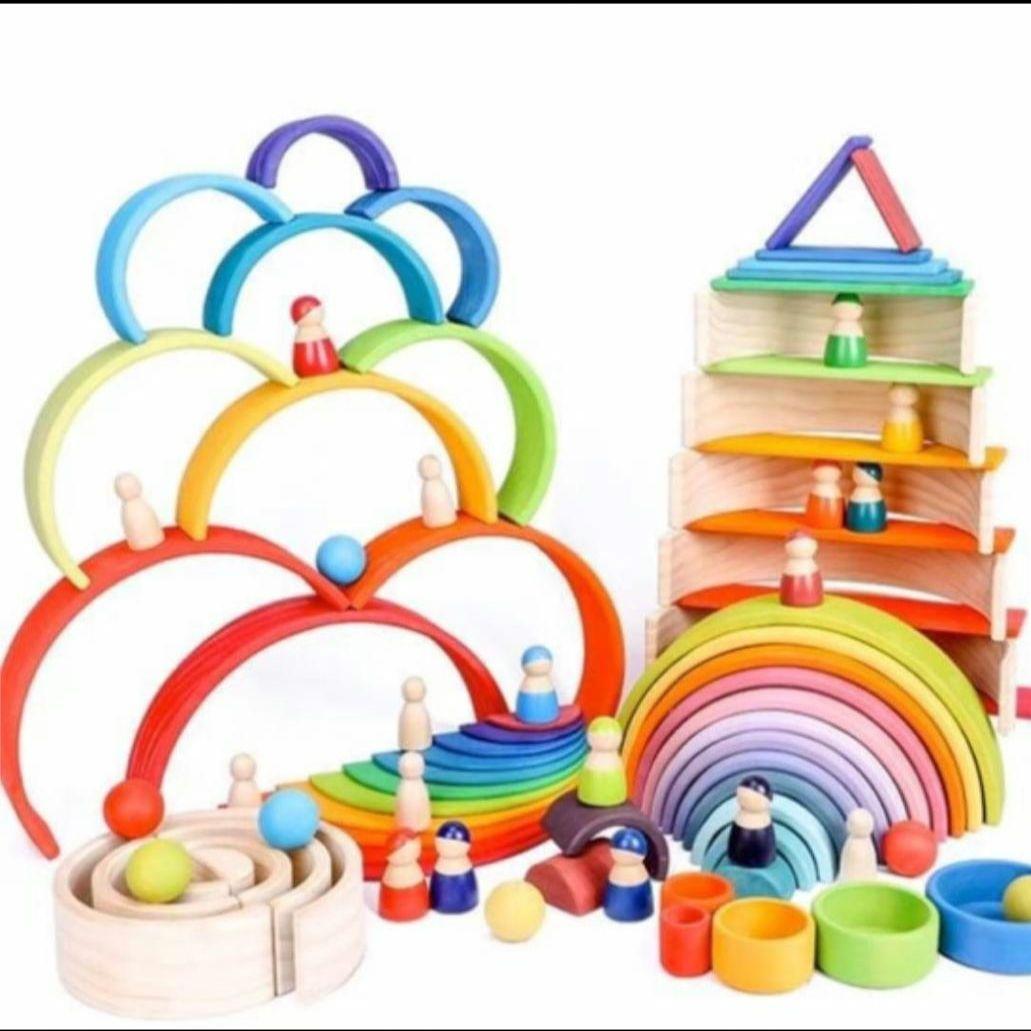 レインボーアーチ 木製ブロック積み木セット 板あり