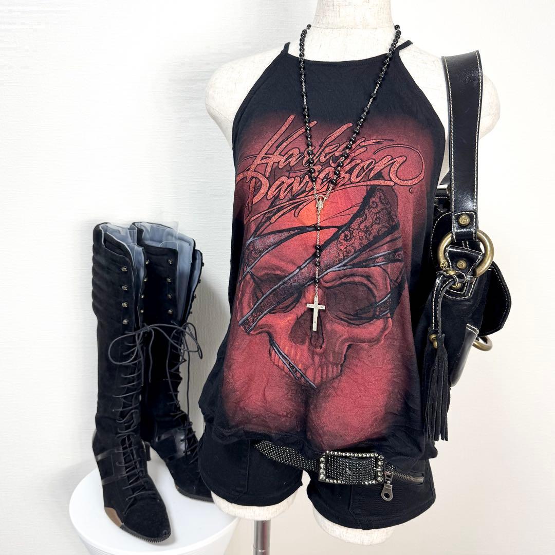 y2k❤️ Harley Davidson スカル ロゴ ホルターネック キャミ