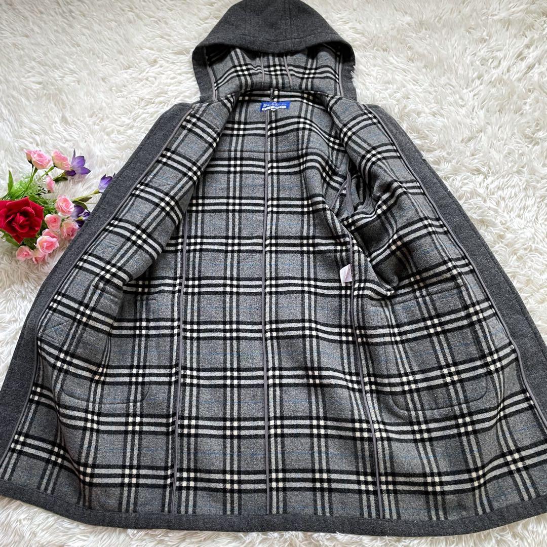 バーバリーブルーレーベルグレーフーデッドダブルコート裏ノバチェック