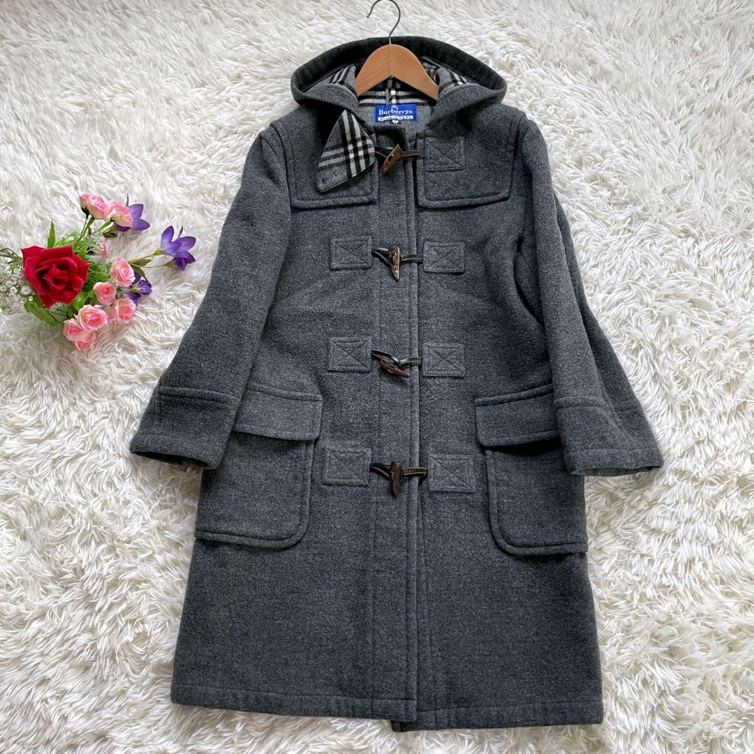バーバリーブルーレーベルグレーフーデッドダブルコート裏ノバチェック