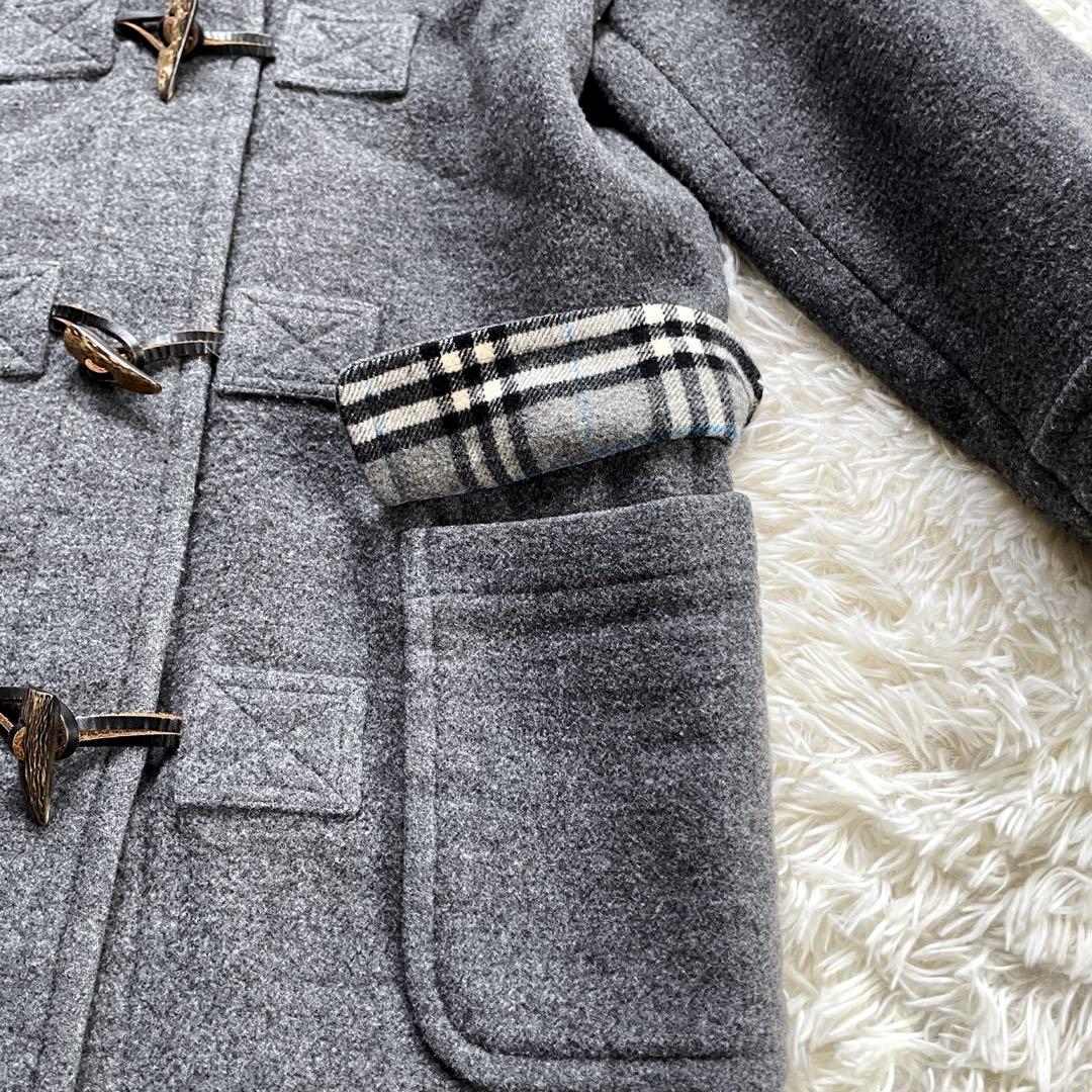 バーバリーブルーレーベルグレーフーデッドダブルコート裏ノバチェック