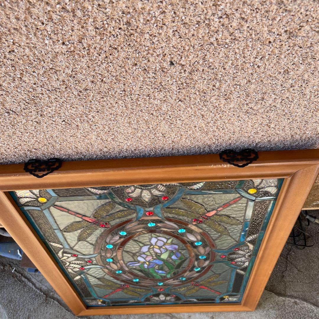 ハ*8様 ステンドグラス パネル 花とトンボ 約72×57cm 壁掛け オブジェ