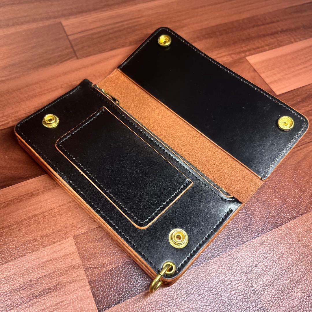 【トラッカーウォレット ロング 3層】 ブラック 茶芯 ゴールド 北米ステア