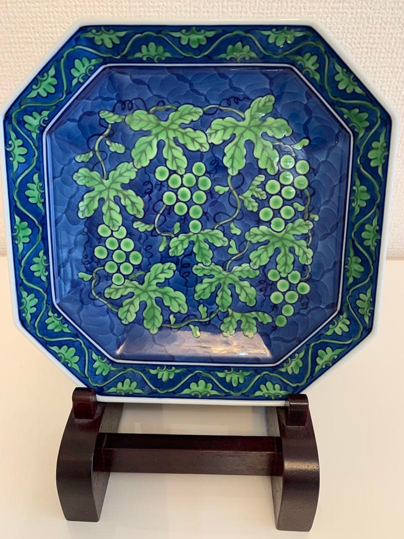 源右衛門窯　緑彩葡萄絵方皿　【新品-未使用】