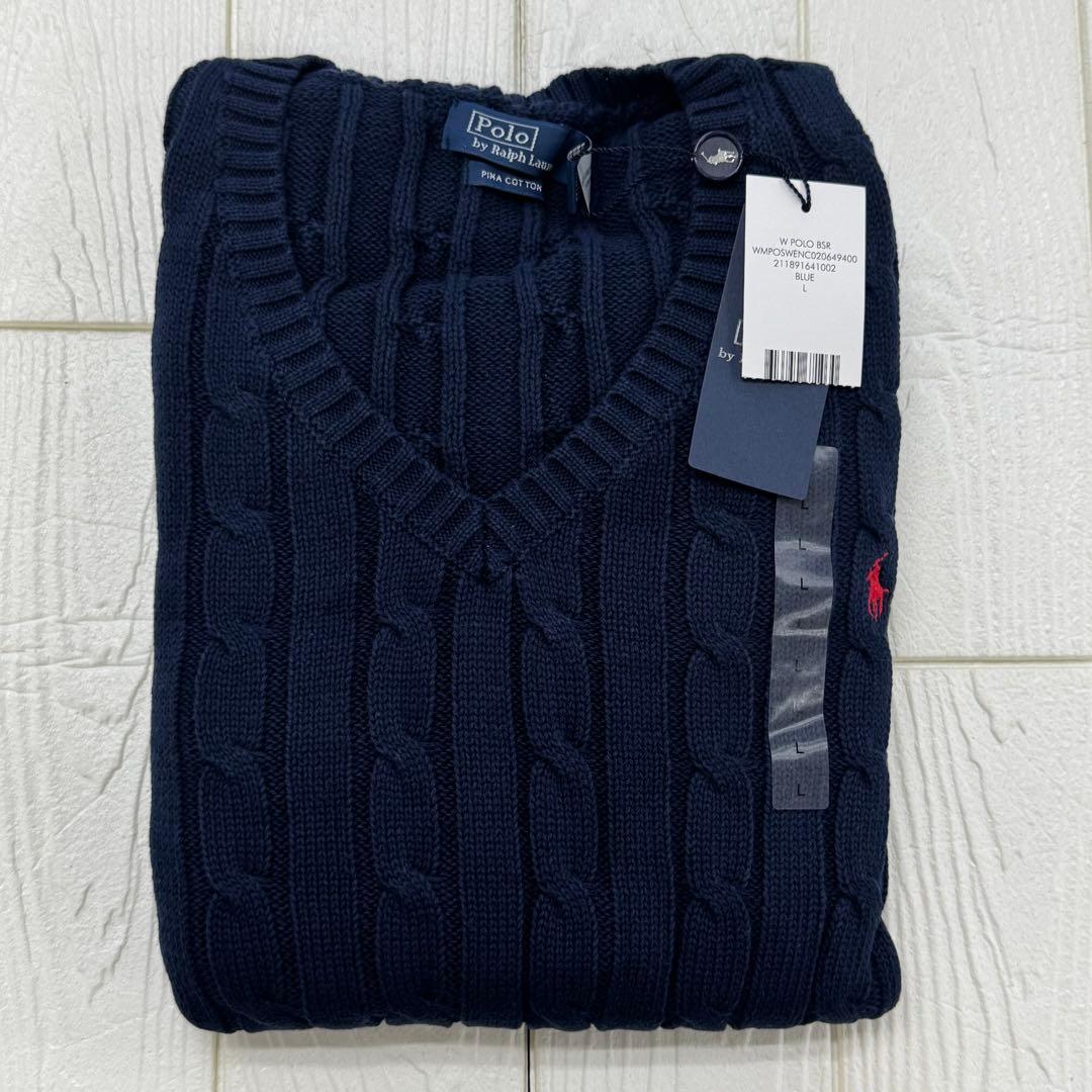 【新品タグ付き】POLO ラルフローレン ケーブル Vネック長袖 ネイビー L