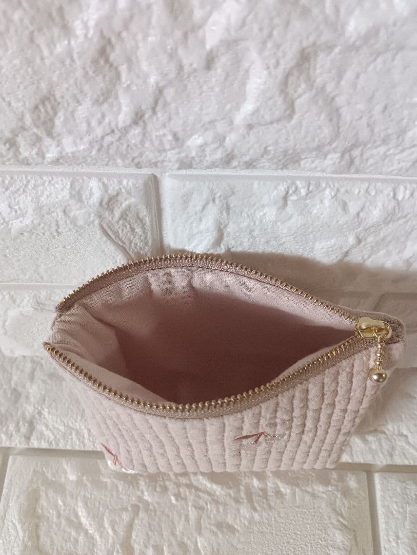 ヌビ バッグ ポーチ 底板 ハンドメイド ベージュピンク×チェリー