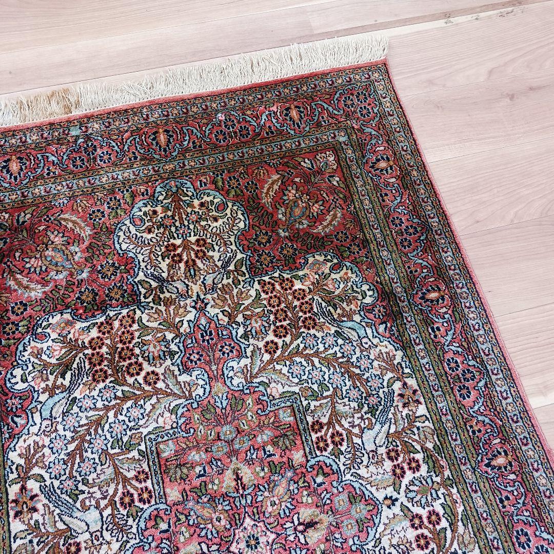 Y3203 インド カシミールシルク 絨毯 手織り 153×94㎝