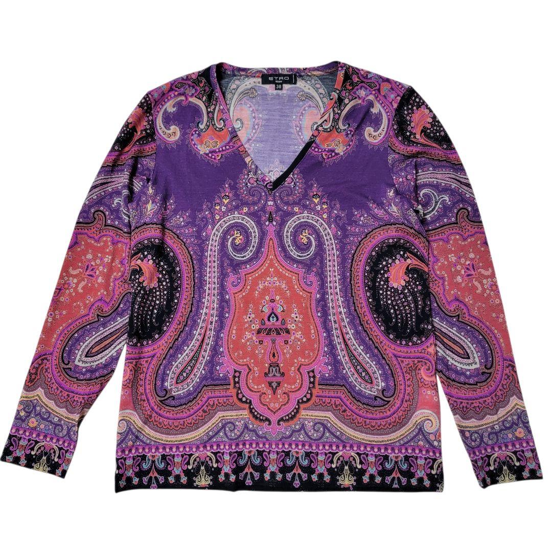 春向けウールストレッチ生地 エトロ ETRO ペイズリー柄 Vネックニット 38