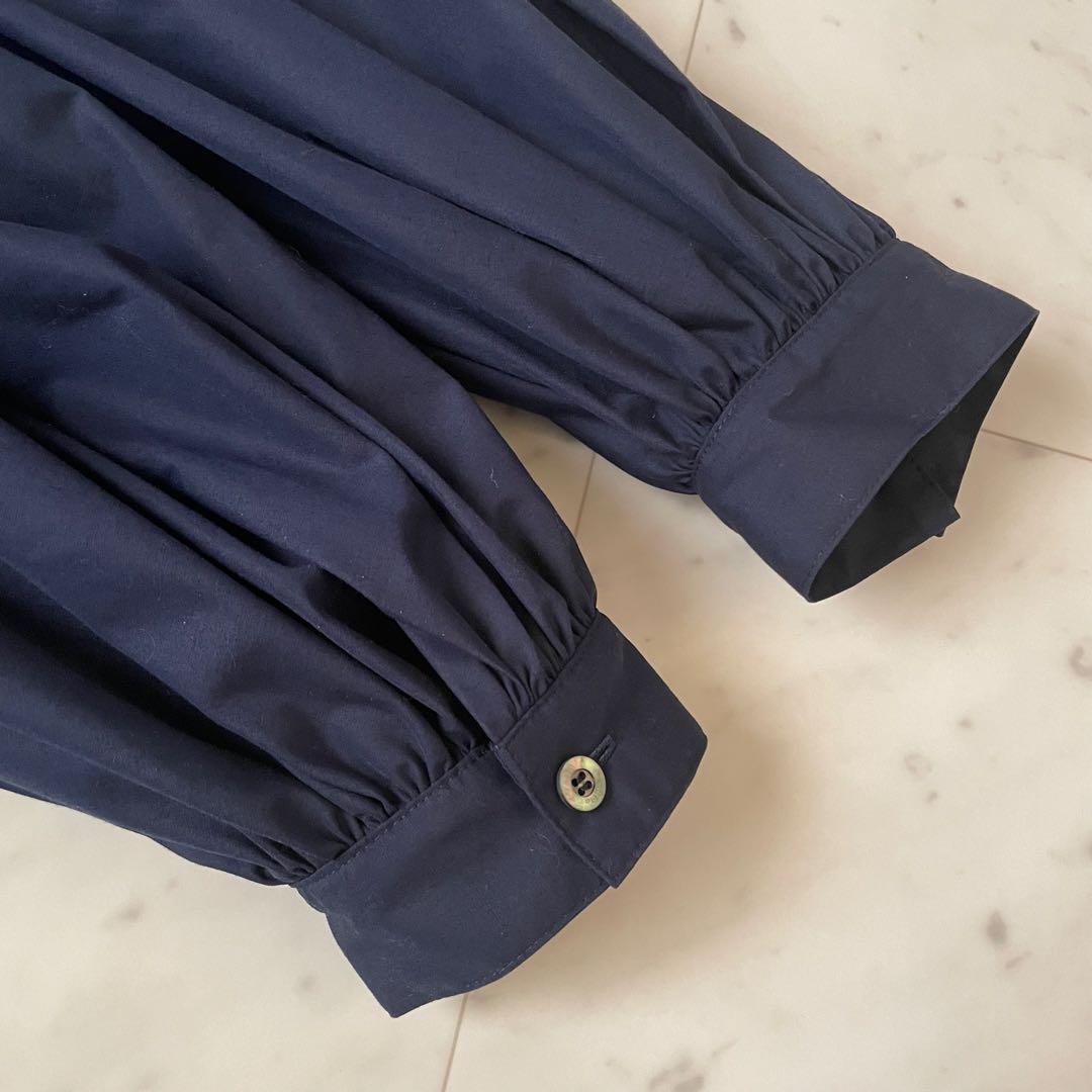 美品✨ルフィル ライトタイプライター ギャザーブラウス 比翼ボタン ネイビー