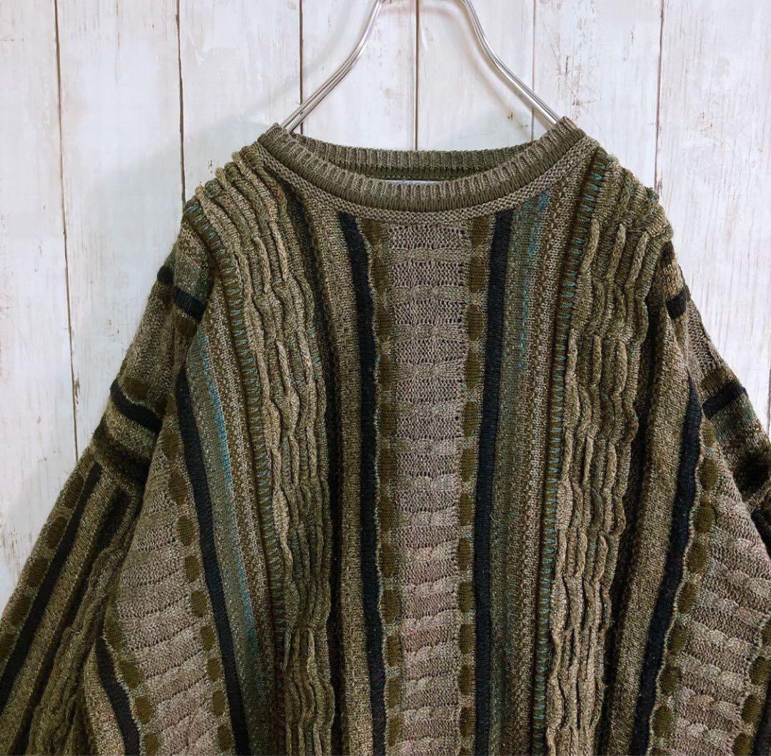 LAVANE USA製 アクリル 立体 総柄 3Dニット ダークグリーン系