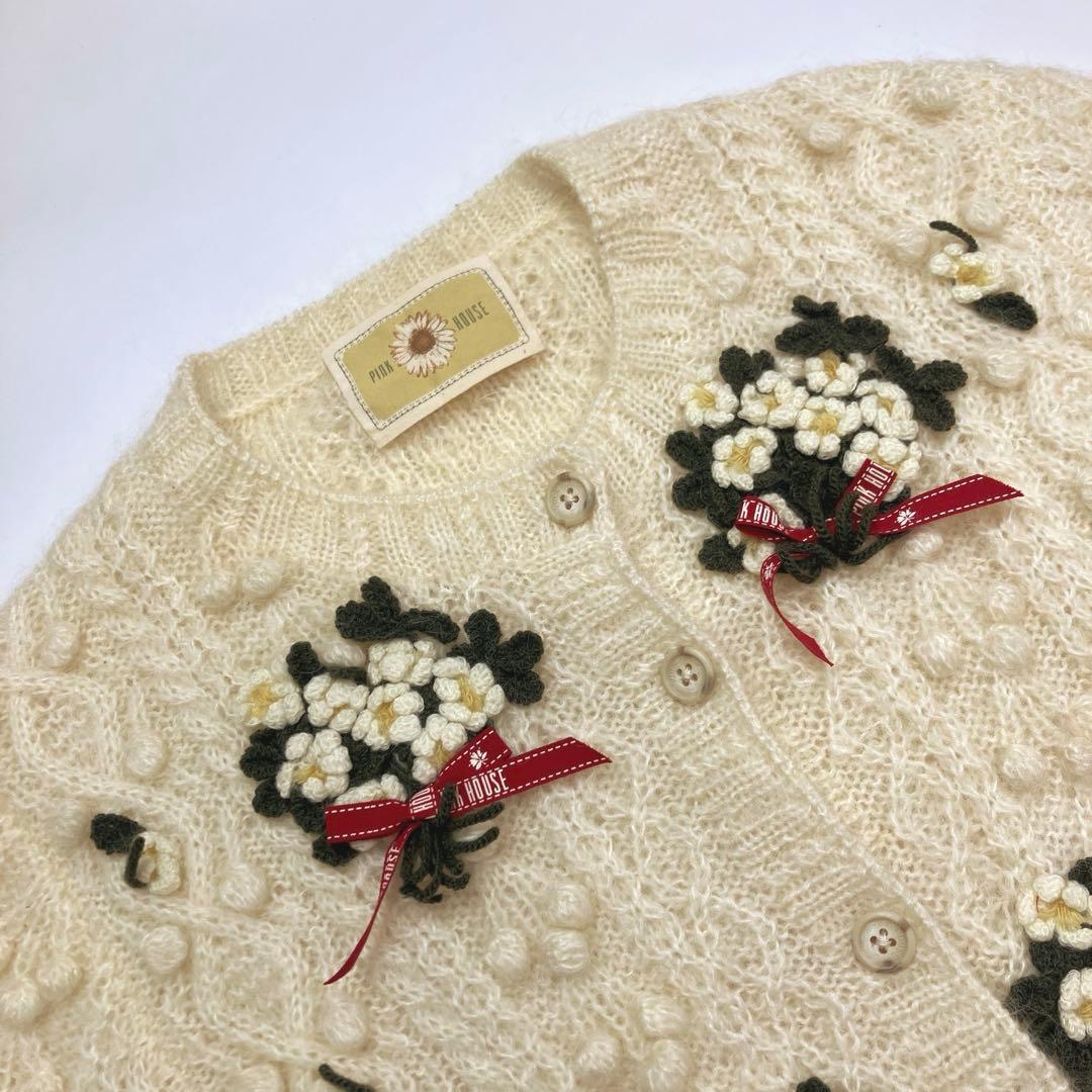 【試着のみ】ピンクハウス アイボリー フラワーブーケモチーフ ニットカーディガン