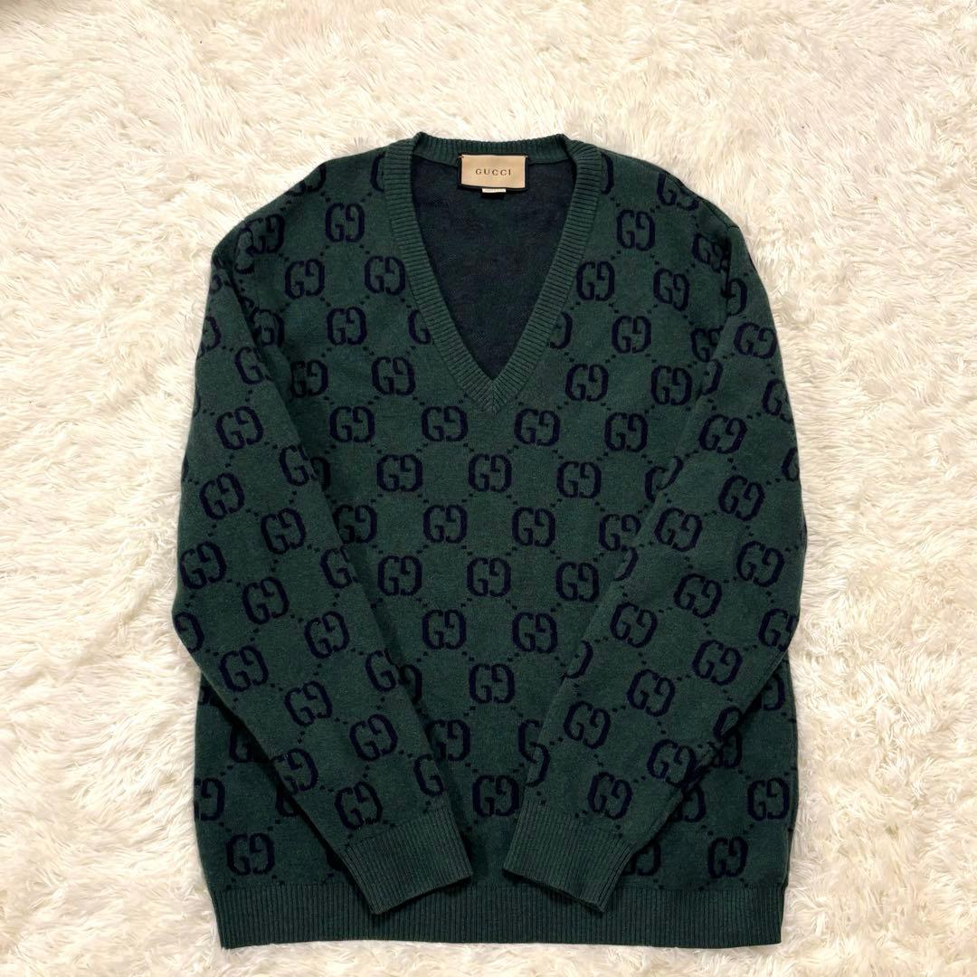 美品 GUCCI ダークグリーン Vネックニット