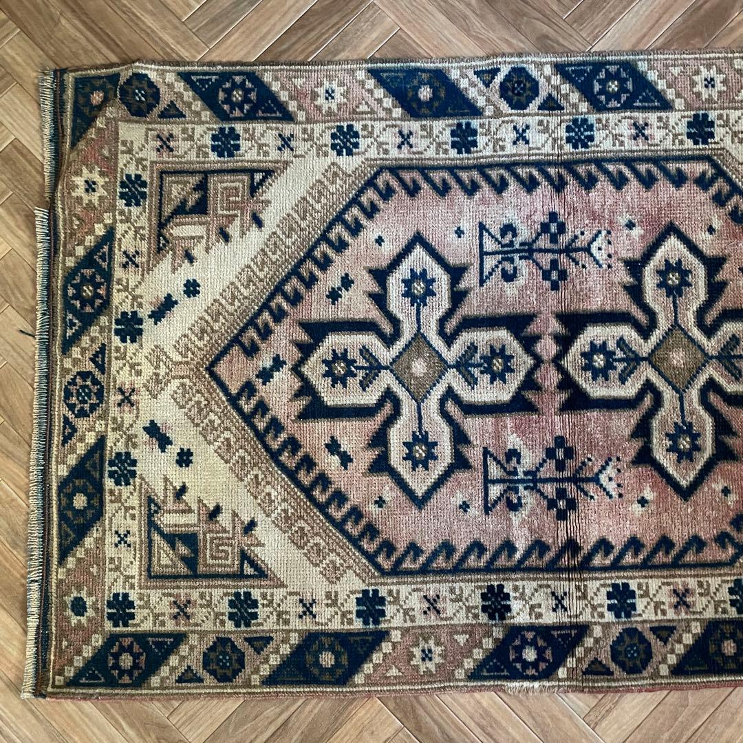 115×72cm ◇トルコヴィンテージラグ　ブラウン615　ブルー　幾何学模様