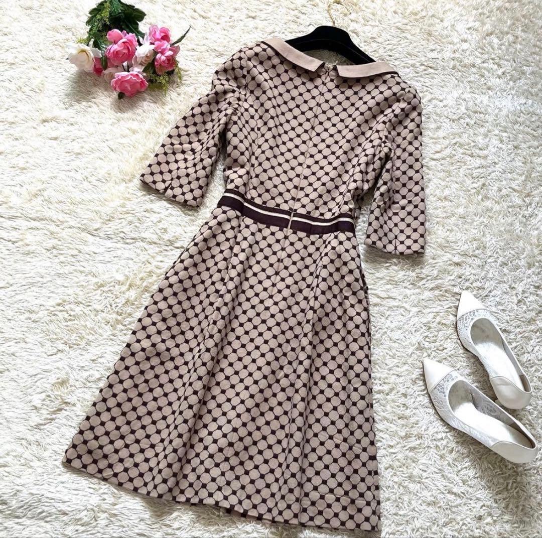 【極美品】トッカ 襟付きジャガードワンピース ウエストマーク フレア ブラウン4