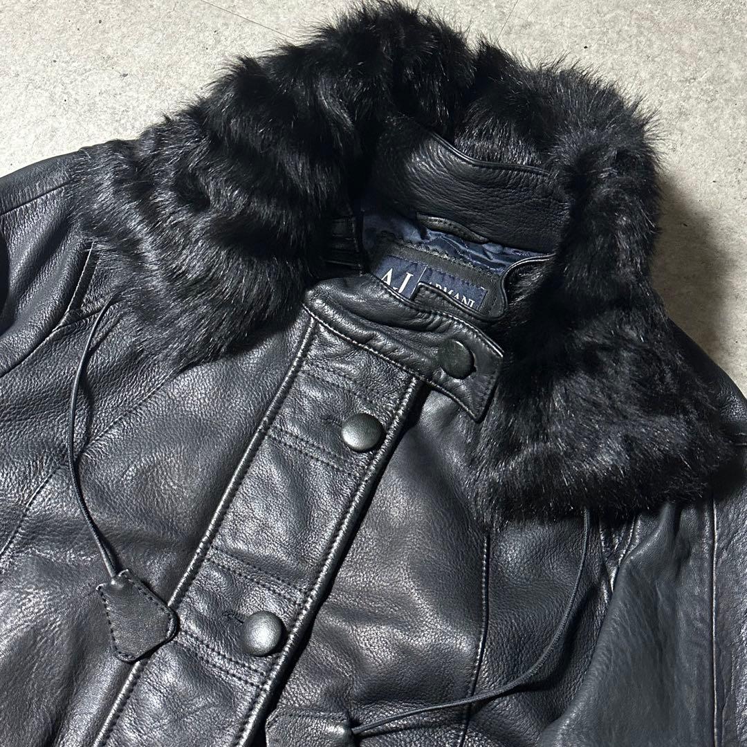 00s ARMANI JEANS レザー 短丈ブルゾン ファー取り外し可能 黒