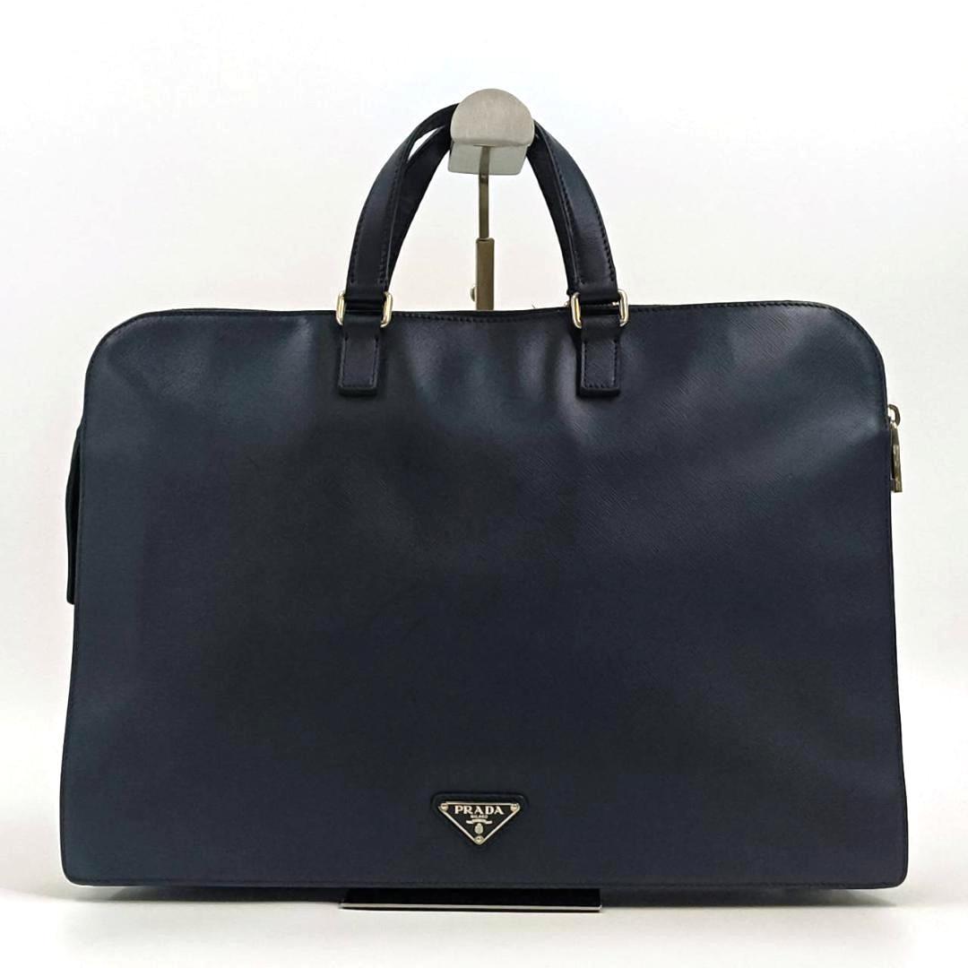 極希少色　プラダ　サフィアーノレザー　ビジネスバッグ　三角ロゴ　ネイビー　白タグ