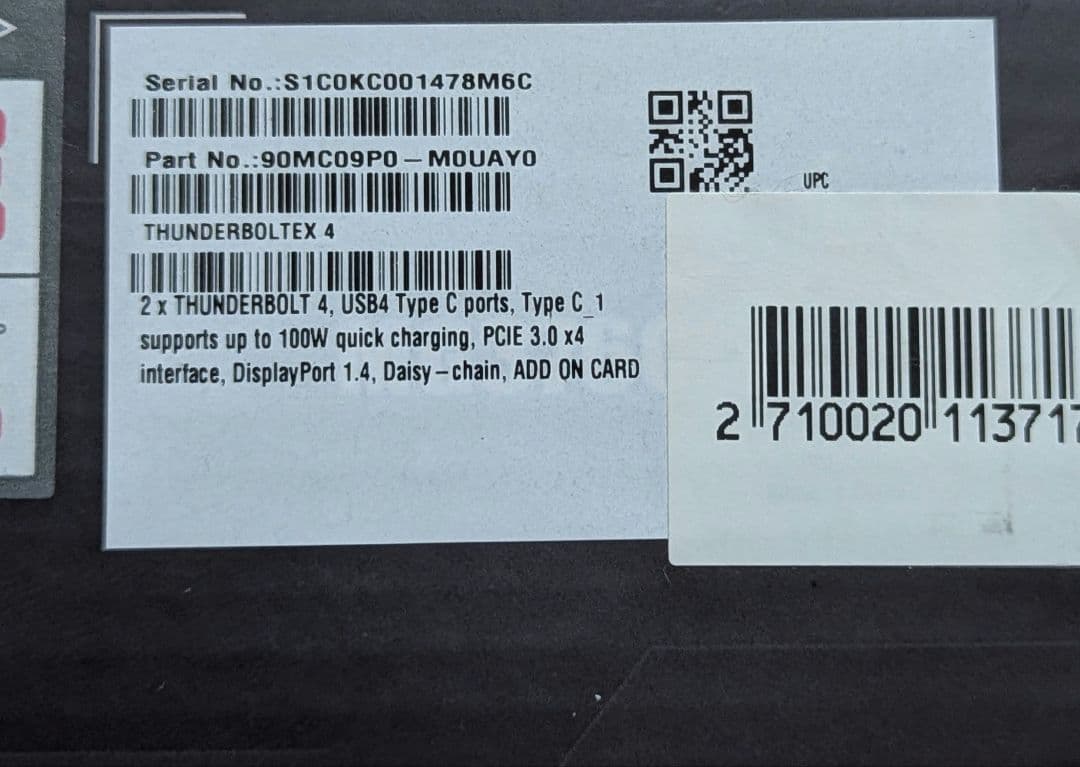 新品未使用　ASUS ThunderboltEX 4 拡張カード