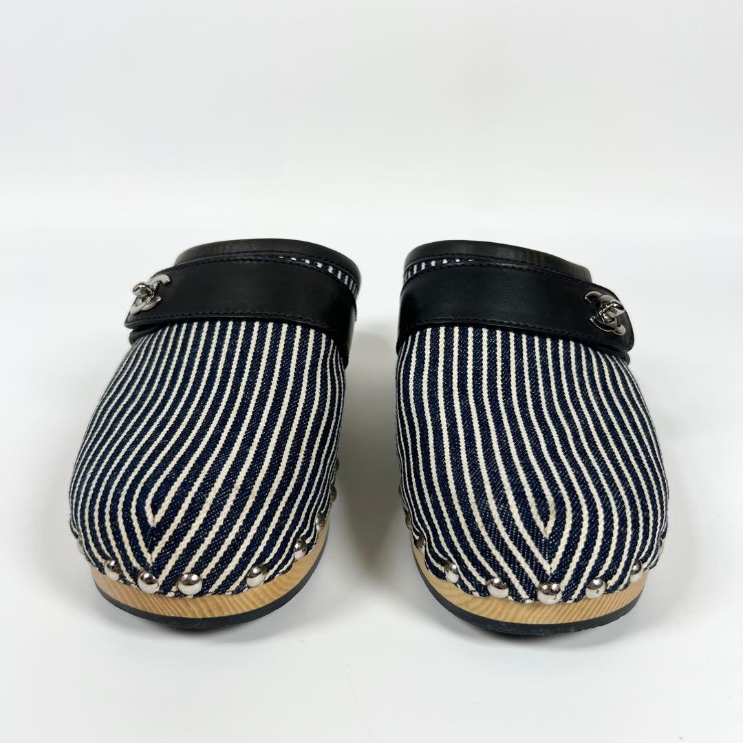 良品CHANEL シャネル サボサンダル ストライプ 36 マリン ネイビー